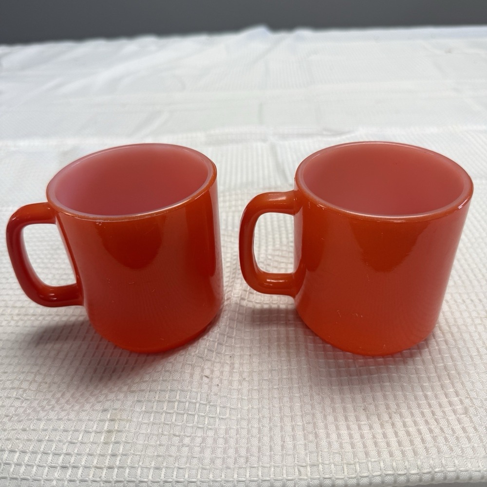 Vintage Set 2 Glasbake Red Orange MilkGlass Round Coffee Cup Mug USA‎ 3.5" MCM
